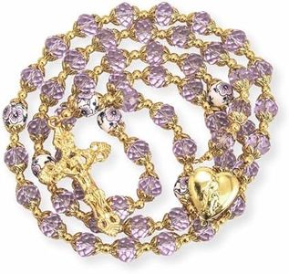 Nazareth Store Catholic Purple Crystal Beads Gold Rosary Flowers Beaded Necklace Miraculous Heart Locket Medal & Cross Religious Women Men Amulet