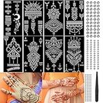 QSTOHENA Henna Tattoo Stencil Kit with 172Pcs Self-Adhesive Gems Rhinestone Stickers and 1 Tweezers,Reusable Indian Arabian Temporary Tattoo Templates for Body Art Painting