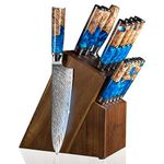 SENKEN 15-Piece Damascus Knife Block Set - "Tsunami" Collection Japanese Chef Knife Set - 67-Layer Japanese VG10 Steel Blades, Includes Chef Knife, Cleaver, Bread Knife, 6 Matching Steak Knives & More