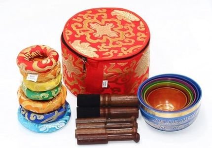 Sanskar Nepal - Tibetan Singing Bowl Set of 7, Handmade Singing Bowl for Meditation & Holistic Healing, Yoga Accessories, 3-5" Multicolored Singing Bowls with Wooden Striker, Cushion & Red Carry Box
