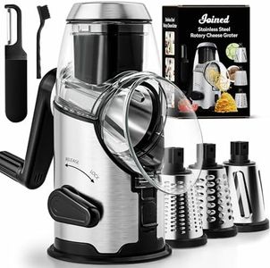 Joined Rotary Cheese Grater with Handle - Mandoline Slicer with 3 Stainless Steel Drum Blades-Vegetable Slicer Walnuts Grinder Cheese Shredder Round Mandoline with Peeler