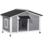 PawHut Large Wooden Dog Kennel, Elevated Dog Kennels for Outside, with Openable Top, Asphalt Roof, Windows, Curtain, Removable Tray, Adjustable Legs, Dog House Outdoor, 72H x 109L x 79Wcm, Grey