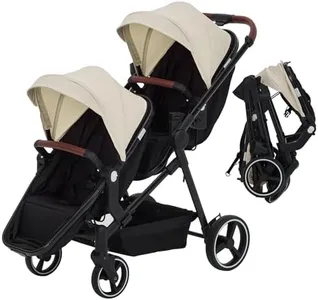 Tandem Stroller, Double Bassinet Stroller for Newborn and Toddler Twins, Reversible Seat Adjustable Canopy, One-Hand Fold Frame with Large Storage Basket, Beige