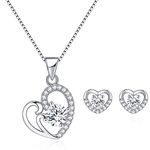 Gulicx Silver Jewellery Sets for Women, 925 Sterling Silver Heart Stud Earrings & 45cm Pendant Necklace Set with 3A Cubic Zirconia, Allergy Free Birthday Wedding Party Jewellery Gift for Her Women