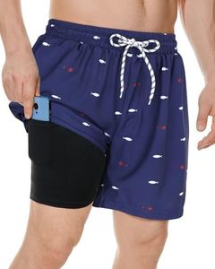 American Trends Men's Swim Trunks Mens Bathing Suit Mens Swim Trunks with Compression Liner Beach Shorts for Men Navy Blue Fish Bone L