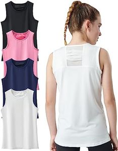 4 Pack Youth Girls Athletic Tank Tops Dry Fit Active Performance Tech Sleeveless Shirts (Set 2, Medium)