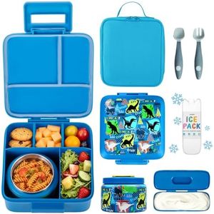 JXXM Bento Lunch Box for Kids With 8oz Soup thermo,Leak-proof Lunch Containers with 5 Compartment,thermo Food Jar and Lunch Bag, Food Containers for School (A-Blue(Dinosaur))