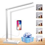 Sunfuny LED Desk Lamp Cordless, Rechargeable Table Lamp with USB Charging Port, Home Office Battery Desk Light Lampe de Bureau with 5 Modes＆5 Brightness Levels, Auto Timer, Adjustable Arm,Silver White