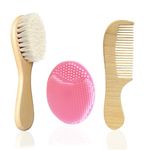 Mocokkiti Baby Hair Brush & Comb Set, Goat Bristles Brush and Silicone Hair Massage Brush for Cradle Cap Treatment Wood Bristle Brush for Newborns and Toddlers (3 Piece)