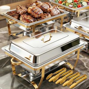 ALSO GO Chafing Dish Buffet Set 9QT 4 Pack, Gold Chafing Dishes for Buffet with 4 Serving Tongs, Buffet Set Full Size Large Serving Chafing Dishes, Warming Food Tray for Catering & New Year Parties