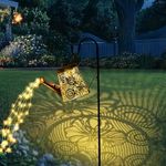 GIGALUMI Solar Watering Can Lights Outdoor Garden, Waterproof Metal Water Can Ornaments with String Lights, Solar Hanging Lantern with Bracket for Yard Lawn Pathway Patio (Large Flower)