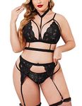 SSoShHub Women Babydoll Lingerie Plus Size Bra Panty Set for Honeymoon Special Night Occasion with Bra Panty, G-Thong and Garter Belt Black