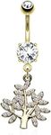 PiercedOff 316L Surgical Steel Navel Ring Belly Bar with Micro CZ Paved Life Tree Dangle and Round CZ (Gold/Clear)