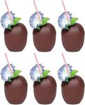 24 x Coconut Cups with Paper Straws - Reusable Plastic 18oz Hawaiian Party Cups with Decorative Flowers for Tropical Luau, Tiki, Hula, Beach Parties - Perfect for Cocktails & Exotic Drinks