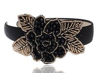 Alilang Intricate Design Single Black Bead Flower Golden Bead Leaves Fashion Headband