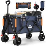 Overmont Festival Camping Folding Trolley - All-terrain Extra Wide Wheels with 330lbs Capacity - Heavy Duty Beach Wagon Cart for Garden, Shopping - Adjustable Handle & Drink Holders - Blue