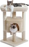 PEQULTI Small Cat Tree for Kitten & Medium Size Cats [28"=72cm] with 2 Scratching Posts, 1 Condo Cave House, 1 Big Top Perch, Beige