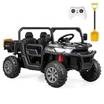 OLAKIDS Kids Ride On UTV, 12V Electric Vehicle Dump Truck with Remote Control, Dump Bed and Extra Shovel, Toddlers Battery Powered Car with 2 Speeds, Music, USB, AUX (Dark)