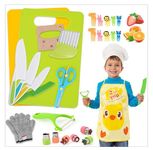 GCRQ Kids Knife Set, 28 Pcs Montessori Toddler Kitchen Knife Sets for Real Cooking, with Gloves Cutting Board Fruit Vegetable Crinkle Cutters Plastic Kid Safe Knives, Children Christmas Birthday Gift.