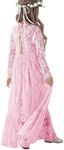 ALLOVIN Long Sleeve Boho Lace Flower Girl Dress, A-Line Ruffle Wedding Baptism Party Dress for Girls 3-12 Years | Pink | 6-7Y
