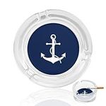 Glass Ashtrays for Cigarettes, Anchor Blue and White, Nautical Round Ash Tray Portable Ashtrays for Home Office Modern Decorative