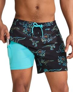 maamgic Mens Swim Trunks with Compression Liner 5 Inch, Quick Dry Bathing Suit with Zipper Pockets, Stretch No-Chafing Swim Shorts, Black-Colorful Dinosaur X-Large