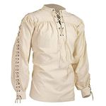 HULKAY Mens Pirate Shirt Lace Up Vampire Renaissance Victorian Steampunk Gothic Ruffled Medieval Halloween Costume Clothing(Beige,XXL)