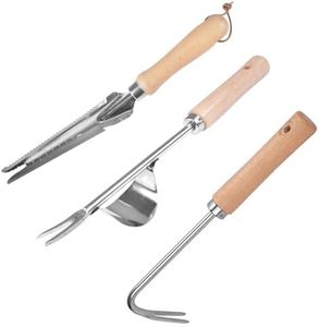 Qooloo 3 Piezas Extractor Malas Hierbas Acero Inoxidable, Weeder de Mano de Jardín, Escardador Herramientas con Mango de Madera Natural, Arrancador de Hierbas Manual para Cavar, Deshierbar, Aflojar