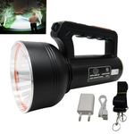 RENMAX LED Flashlight High Brightness 350W 1.5Km Range High/Low/Blinker & Tail Light (White/Red-Blue Blinker) Waterproof Dual Battery Rechargeable Torch Metal Body Black -1Pc