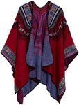 Women's Knitted Floral Print Shawl Poncho Cape (Series 2-Red)