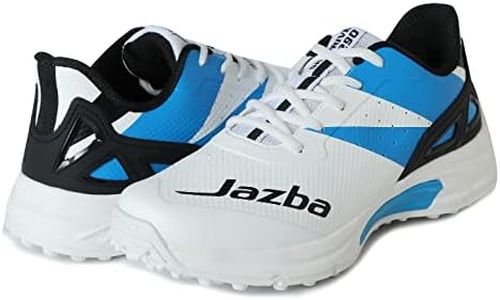 KD Cricket Shoes for Men Rubber Spikes Hockey Shoe, Multi Purpose Outdoor All Round Performance Footwear for Turf & Grass (White-Blue, US Footwear Size System, Adult, Men, Numeric, Medium, 9)