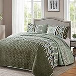 Boho Quilt Set Queen Size Olive Green Bedding Bedspread Reversible Geometric Aztec Pattern Soft Lightweight Microfiber Bohemian Coverlet Set for All Season 3 Pieces 90"x96"