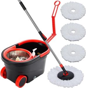 Balai à franges et seau avec essoreur sur roulettes, système de seau rotatif à 360° avec 3 têtes de rechange en microfibre et poignée réglable en acier inoxydable de 154,9 cm pour nettoyage du sol (25