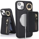 SailorTech iPhone 13 Phone Leather Case with Credit Card Holder Magsafe, iPhone 13 Case Ring Stand with Kickstand Card Slots Wallet Detachable 2-in-1 Zipper Case - Black