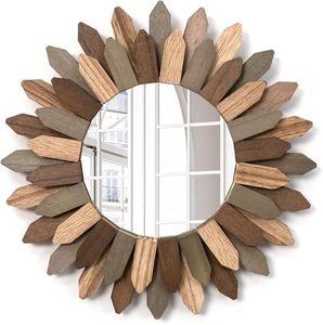 Generic Wall Mirror 12 inch Rustic Wood Sunburst Boho Mirror Farmhouse Wall Decor Room Decor Home Decor for Bedroom Living Room Entryway (Tri-Color)