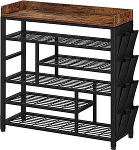 EnHomee Metal Shoe Rack for Entryway, 6 Tier Shoe Organizer Holds 22 Pairs, Wooden Top and Side Pocket for Closet, Entryway, Living Room, Rustic Brown & Black