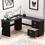 SHW L-Shaped Home Office Wood Corner Desk with 3 Side Drawers, Black