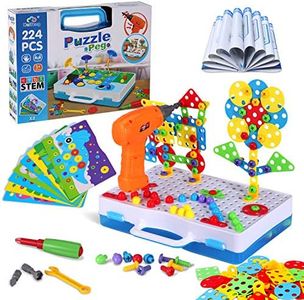 Haifeng STEM Educational Toys for 3-8 Year Old, Creative Mosaic Drill Set for Kids, DIY Electric Drill Puzzle Toys, 3D Construction Games with Toy Drill, Engineering Building Kits for Boys and Girls