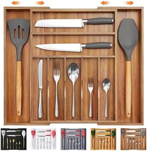 Bellsal Large Premium Acacia Wood Silverware Organizer - Expandable Utensil Drawer Organizer - 17"x19.6" Utensil Holder and Cutlery Tray with Grooved for Kitchen Flatware Utensils(7-9 Slot, Acacia)