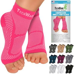 TechWare Pro Ankle Brace Compression Sleeve - Relieves Achilles Tendonitis, Joint Pain. Plantar Fasciitis Foot Sock with Arch Support Reduces Swelling & Heel Spur Pain. (Pink, S/M)
