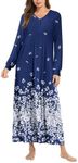 Ekouaer Womens Nightshirt Long Sleeves Nightgown Casual Button Up Sleepwear Full Length Sleep Dress Floral Blue M