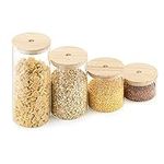 Navaris Glass Storage Jars (Set of 4) - Airtight Food Containers with Wooden Bamboo Lids - Stackable Cylinder Canister Design for Kitchen Dry Goods