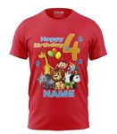 Print My Fashion Customized Personalized Birthday Boys T-Shirt Jungle Animals Theme, Regular Fit Trendy & Comfortable, Name Age Printed Graphic Cotton t Shirt for Boys (Red_3-4 Years)