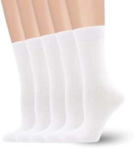 Women's Soft Thin Viscose Bamboo Crew Socks, Fit Stretchy Casual, Business, Dress Calf Sock 5 Pairs (Large, White)