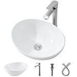 Oval Bathroom Sink and Faucet Combo-Bokaiya 16x13 White Oval Above Counter Porcelain Ceramic Bathroom Vessel Sink Art Basin, Faucet Matching Pop Up Drain Combo