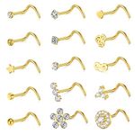 QWALIT Nose Rings Studs Screw Nose Rings Nose Studs for Women Corkscrew Nose Rings 18g Nose Stud Surgical Steel Nose Stud 18 Gauge Stainless Steel Nose Screw Studs Corkscrew Nose Studs Gold