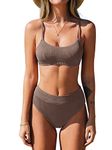 CUPSHE Women's Bikini Set Two Piece Swimsuit High Waisted Scoop Neck Swimwear, Chocolate Brown, X-Large