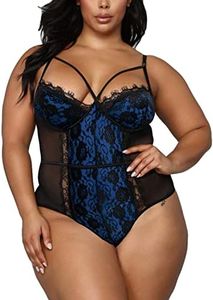 Plus Size Lingerie for Women - Sexy Strappy Harness Top Eyelash Lace Bodysuit Naughty Bottom Mesh Teddy Outfit, Black Blue, X-Large
