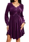 Jayscreate Women's Ruffle V Neck Velvet Dress Long Sleeve Puff Sleeve Skater Flowy Elegant Tunic Cocktail Party Dress Purple