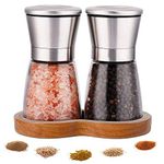 LessMo Salt and Pepper Mills with Beech Stand (2 pcs) - Premium Set of Salt and Peppercorn Grinders with Adjustable Ceramic Coarseness - Brushed Stainless Steel and Glass Body Shakers ‚ (Brown)